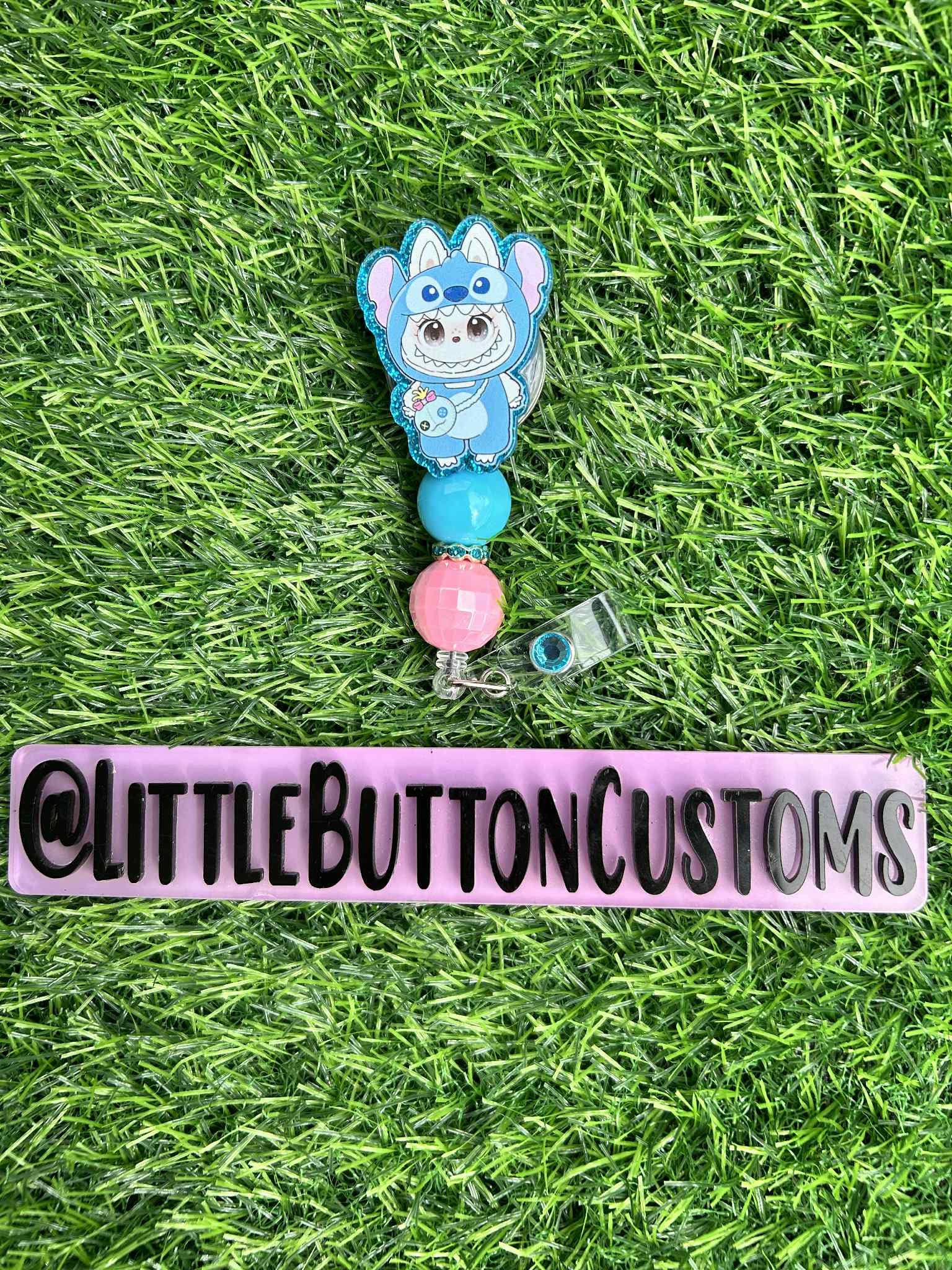 Blue Alien Bubu Beaded Badge Reel